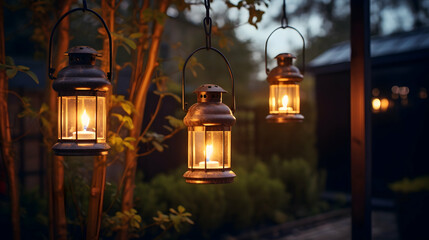 Obraz premium Rustic lanterns hanging in a garden at dusk,