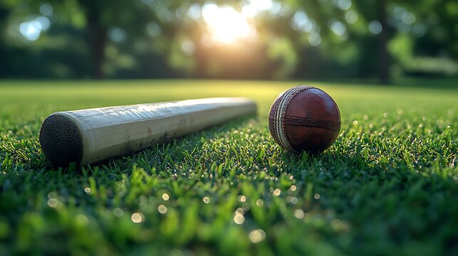 A cricket bat and ball lie on the green grass of a field, with the setting sun in the background.