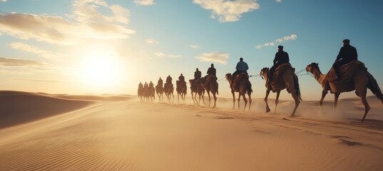 Camel Caravan Silhouetted Against Setting Sun Adventure Travel Across the Sahara Desert