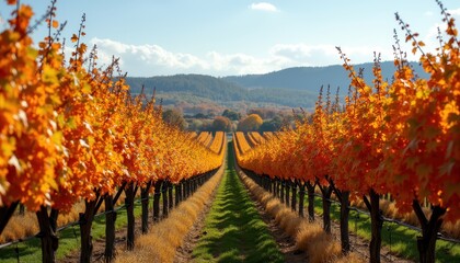 Fototapeta premium Picturesque autumn vineyard with rows of grapevines in full fall color and a clear sky in the background