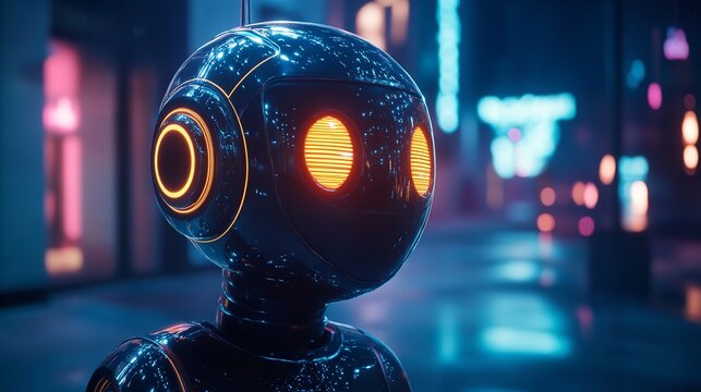Photo of an AI robot in the night city in a scifi style, with high resolution and hyper realistic details, in a cinematic style