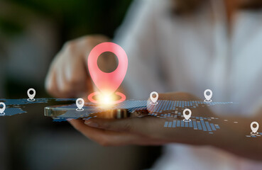 Technology smart navigation and location tracking with professional hand interacting with...