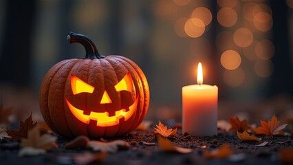 jack o pumpkin lanterns in spooky forest at Night. Halloween Background