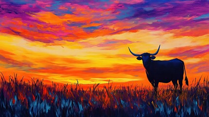 Vibrant Sunset with Silhouetted Longhorn in Colorful Landscape