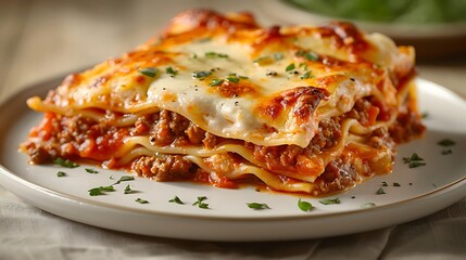 Delicious Homemade Lasagna with Melted Cheese and Parsley Garnish