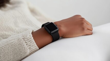 Image of a fitness tracker on a wrist displaying sleep quality data, focusing on overall wellness and sleep health
