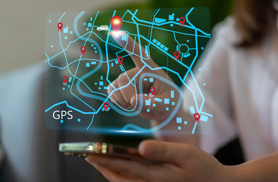Technology smart navigation and location tracking with professional hand interacting with futuristic GPS map interface locations of services, delivery, travel app, logistics and transportation