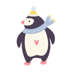 Playful cartoon vector illustration of a penguin in scarf and hat on white background