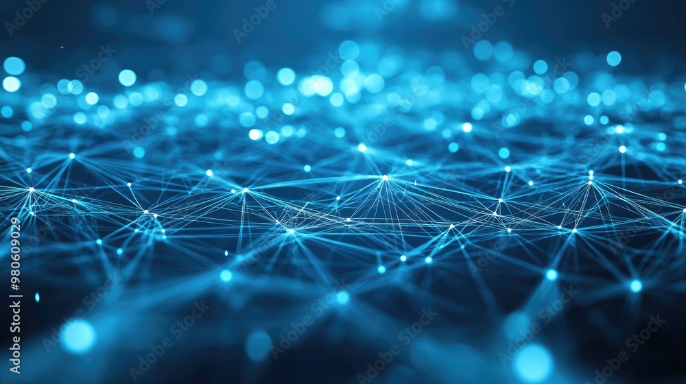Poster a complex web of digital connection lines and dots, representing technological innovation and commun