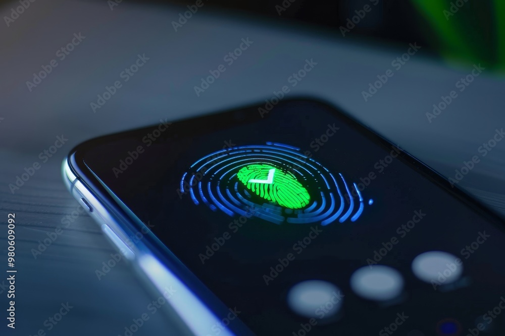 Poster Fingerprint scan on a smartphone screen, illustrating biometric security technology for secure access and data protection on mobile devices.