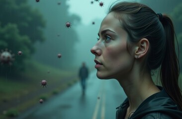 A viral rain consisting of many small viruses that falls on the ground, creating a sense of danger. The color scheme includes shades of gray, blue and green, creating a feeling of gloom and cold