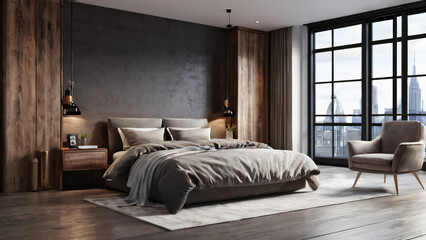 Loft and modern bedroom, 3D render image