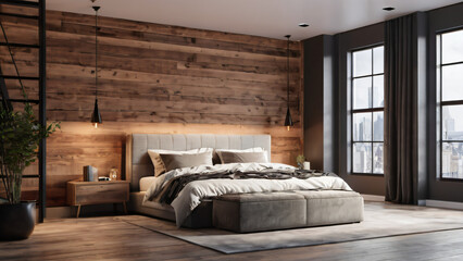 Loft and modern bedroom, 3D render image