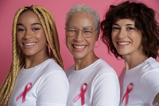 Diverse generations of strong women united for breast cancer awareness with pink ribbons