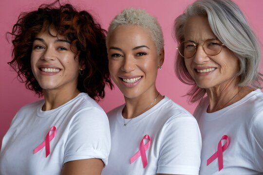 Diverse generations of strong women united for breast cancer awareness with pink ribbons - Powered by Adobe