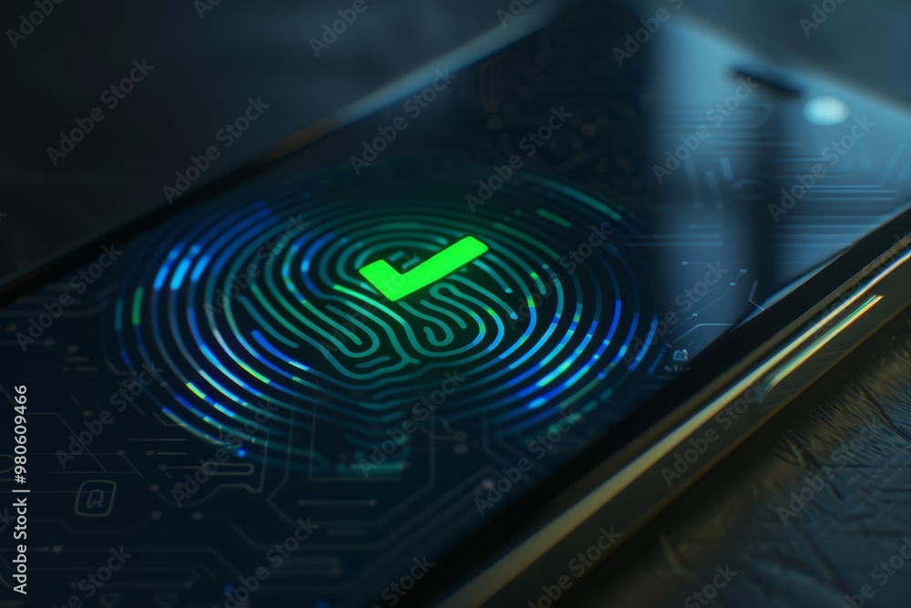 Poster Fingerprint scan on a smartphone screen, illustrating biometric security technology for secure access and data protection on mobile devices.