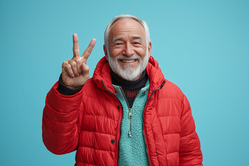 Fototapeta premium Smiling Senior Man in Red Jacket Giving Peace Sign