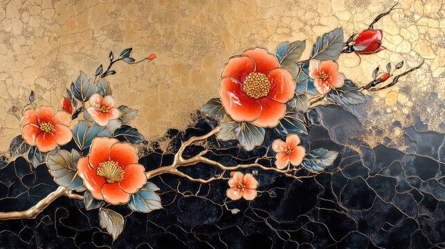 Elegant Floral Design - Black Lacquer Painting with Gilded Gold Foil and Cloisonne Details - Exquisite Artistry in Traditional Decorative Craftsmanship