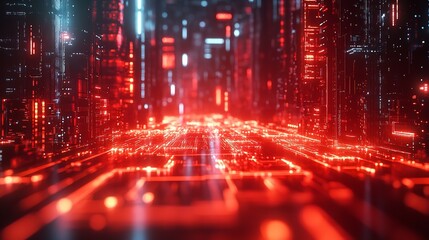 Glowing Processor Chip on a Motherboard with Red Lines