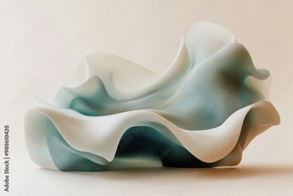 Poster a fluid, abstract sculpture with soft curves and a blend of translucent colors.