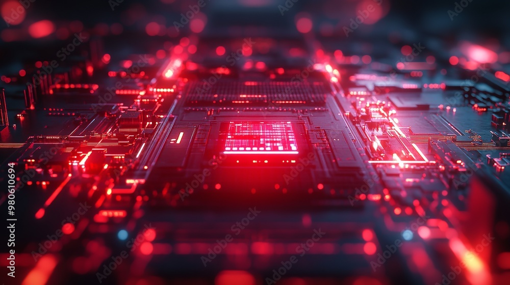 Aufkleber glowing processor chip on a motherboard with red lines