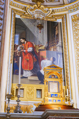 Bolsena, Italy. Painting and reliquary from the chapel of the Eucharistic Miracle which took place in Bolsena in 1263. Vertical image. 2024-06-21.