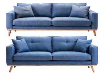Collage with modern blue sofas on isolated transparent background. Interior design concept.