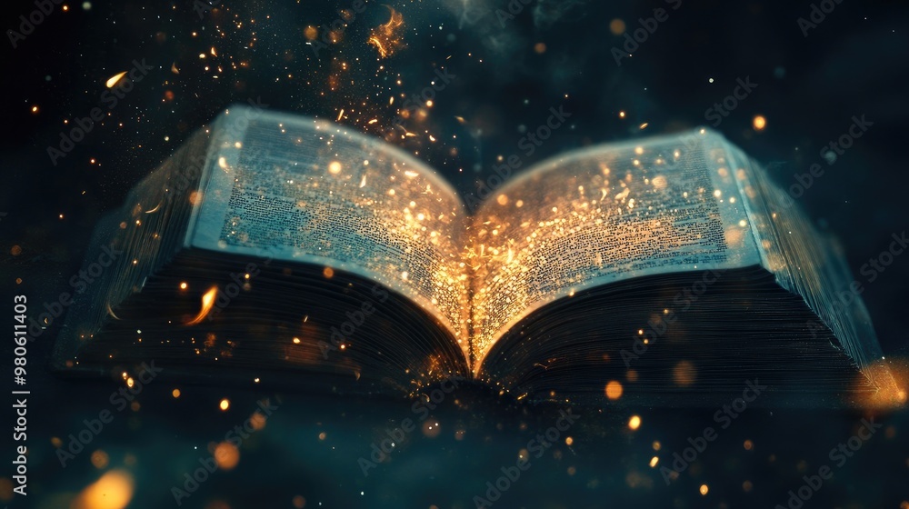 Poster a mystical open book with glowing particles rising and swirling around it, creating a magical atmosp