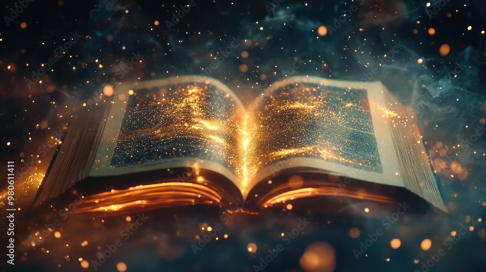 Poster a mystical open book with glowing particles rising and swirling around it, creating a magical atmosp