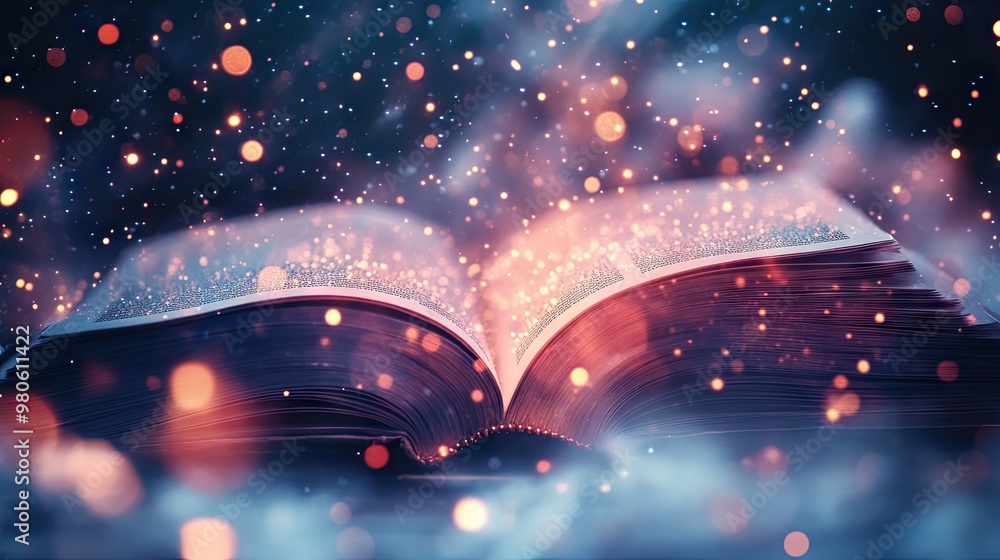 Poster a mystical open book with glowing particles rising and swirling around it, creating a magical atmosp