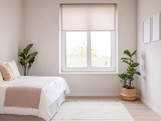 Bright and airy minimalist kids' room with a white bed, playful accents, and large windows, kids' room, open space design