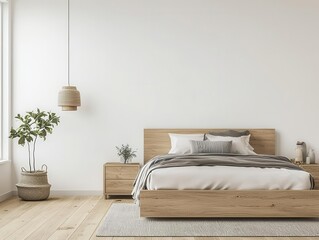 Neutral-toned kids' bedroom with a wooden bed, open layout, and playful wall art, kids' interior, minimalist bedroom