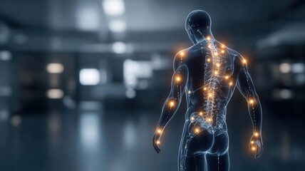 A CG 3D panoramic view of a human silhouette in motion, pinpointing various pain symptoms with glowing markers, showcasing a photorealistic representation of discomfort zones