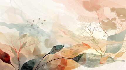Abstract Watercolor Painting of Floral Branches and Leaves