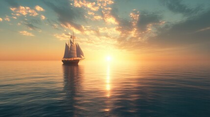 Fototapeta premium A peaceful ship sails on the horizon as the sun sets over the ocean, casting a warm glow on the calm waters.