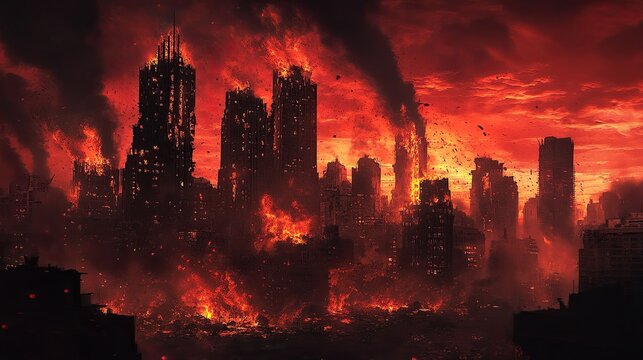 A dystopian city skyline burning under a crimson sky with crumbling buildings and fleeing civilians, a harrowing scene of urban chaos and destruction