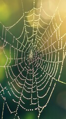 Naklejka premium Intricate spiderweb dew-covered filaments shining in morning light with tiny droplets glistening against fine silky threads natural texture in delicate patterns