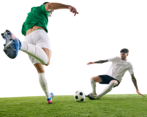 Two soccer players, one in white and one in green, fiercely compete for ball on green lash playground against transparent background. Concept of professional sport, championship, final match. Ad