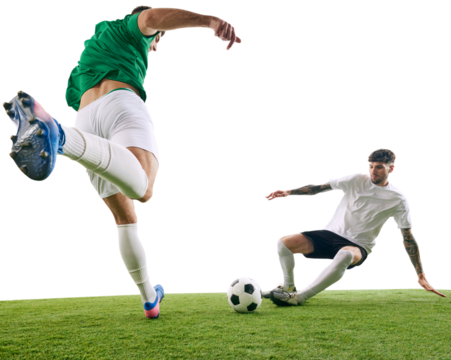 Two soccer players, one in white and one in green, fiercely compete for ball on green lash playground against transparent background. Concept of professional sport, championship, final match. Ad