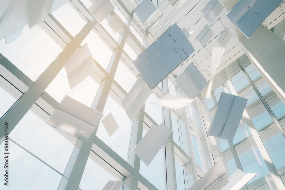 Poster flying documents in a disorganized archive, representing chaotic paperwork, information overload, an
