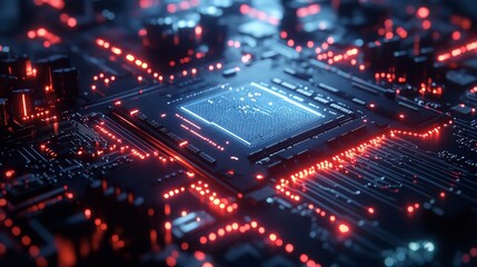 A close up of a computer processor with red and blue lights on the surface.
