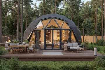 Modern geodesic dome home with a wooden deck and patio furniture in a forest setting.