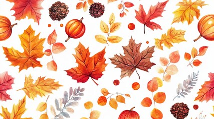 Fototapeta premium Beautiful watercolor seamless autumn theme pattern 