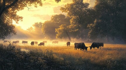 Naklejka premium Serene Pastoral Landscape with Cattle at Sunrise