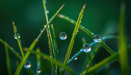 Close-up of green grass blades adorned with morning dew droplets.