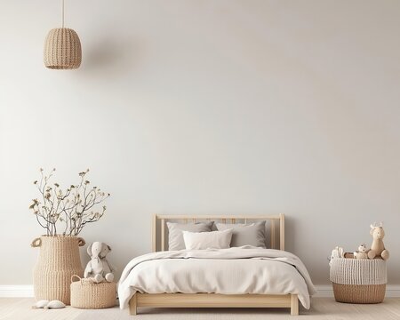 Neutral minimalist kids' bedroom with a small bed, soft pastel tones, and clean lines, kids' room design, spacious layout