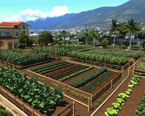 A well-maintained garden with various crops growing in neat rows, showcasing a mix of greens, flowers, and other plants.