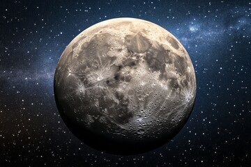 A close-up view of the moon with a starry background. The moon's surface is textured with craters...