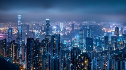 Fototapeta premium Night view of Hong Kong, city lights shining brightly against the backdrop of skyscrapers, creating an enchanting urban landscape. High-angle perspective showcasing iconic buildings