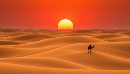 A lone rider on a camel against a glowing sunset in vast desert dunes.